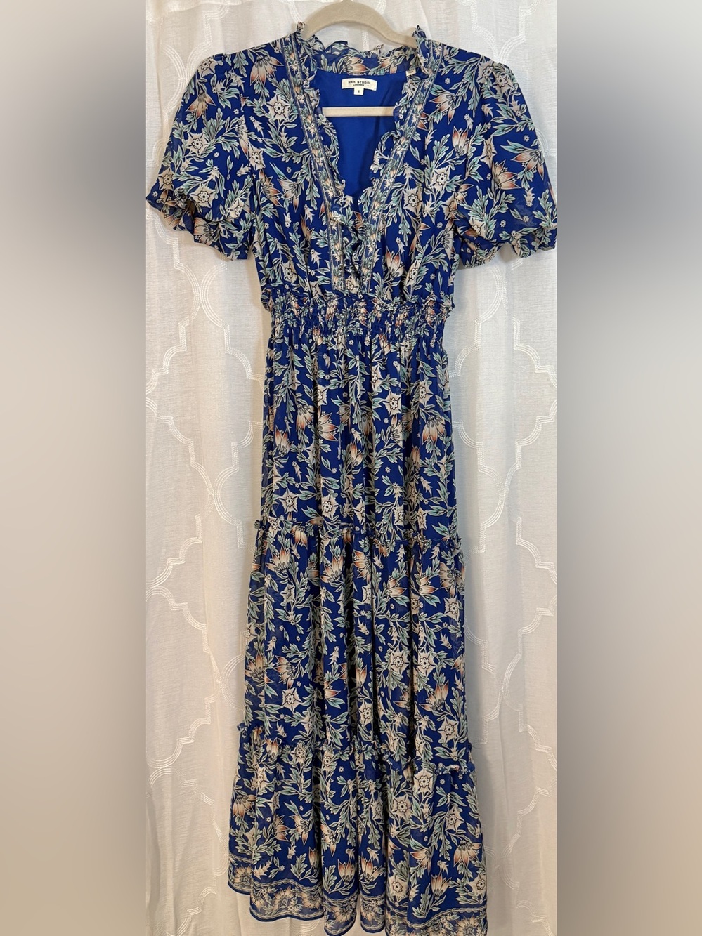 Max Studio London Floral Maxi Dress Blue Boho Tiered Ruffle Midi Maxi Size Small